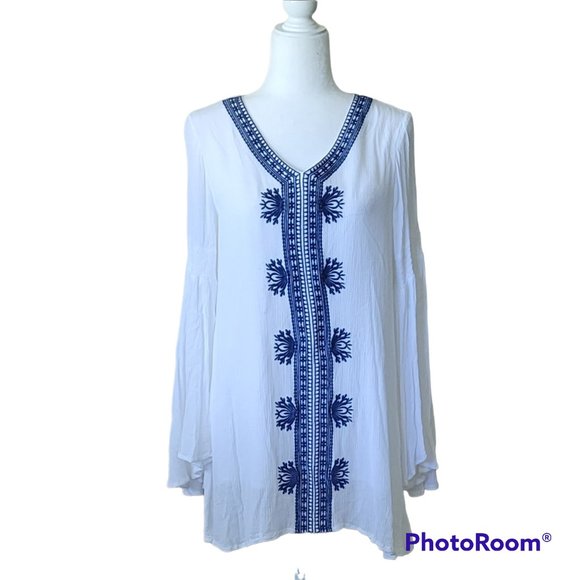 Joan Vass Embroidered Boho Bell Sleeve Tunic Oversized Longline Flowy Gauzy - Picture 11 of 11